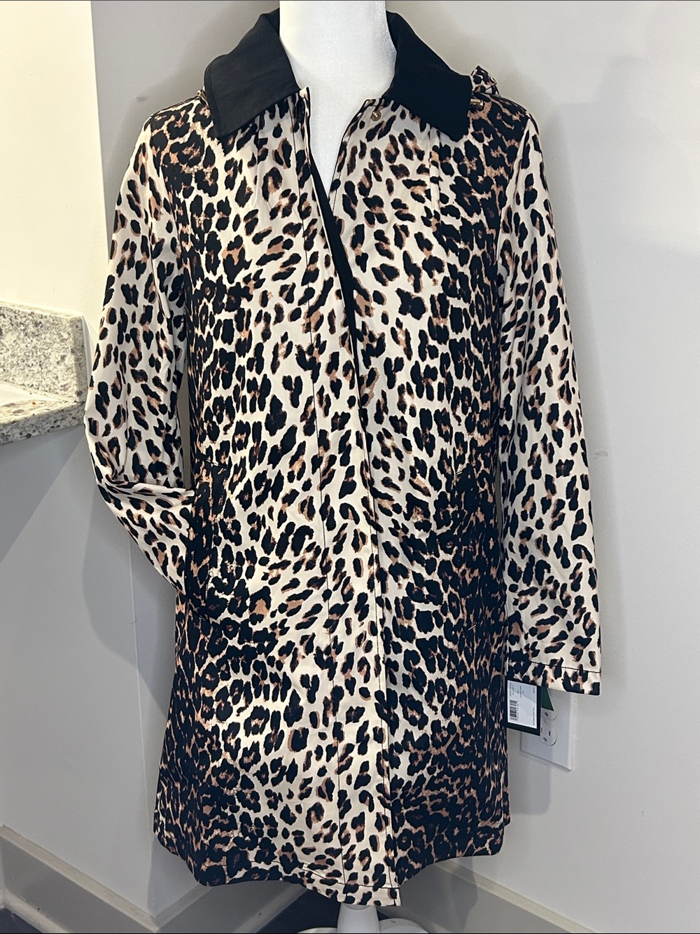 kate spade Leopard Print Trench/Rain Coat with Black Collar/Hood Lined Sm NWT